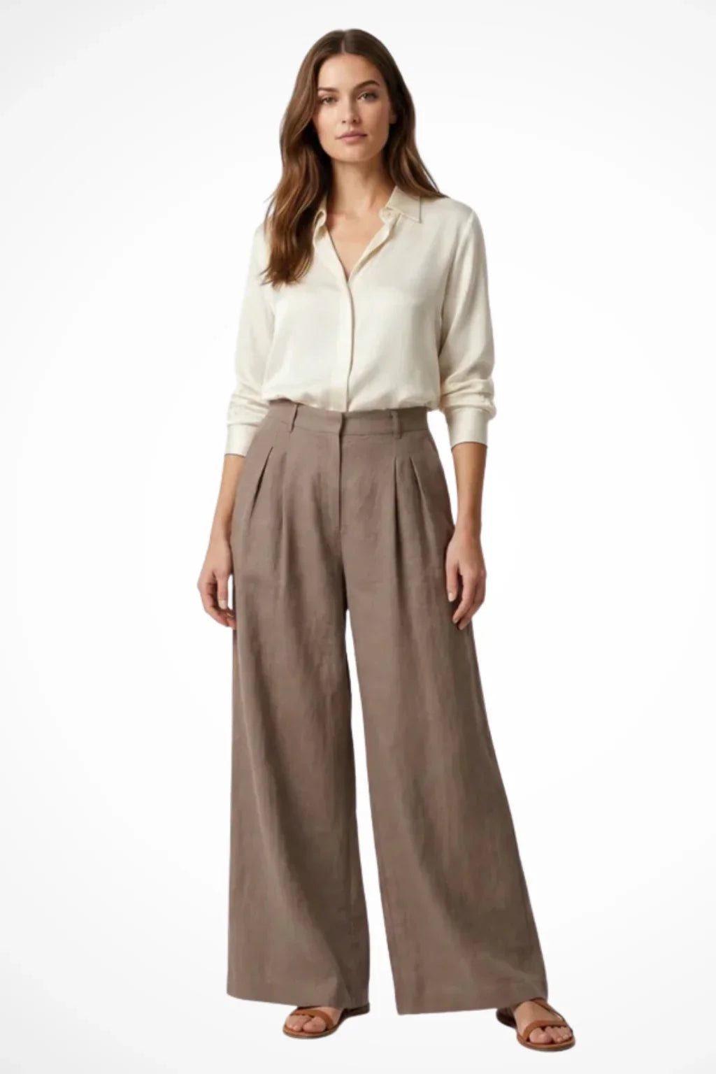 Wide Leg Trousers for Women – High Waisted Pleated Linen Pants with Side Pockets, Relaxed Fit Cropped Office Pants