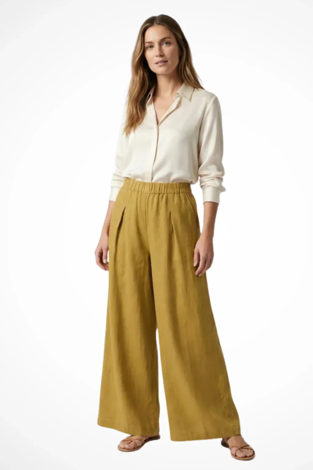 Wide Leg Trousers for Women – High Waisted Pleated Linen Pants with Side Pockets, Relaxed Fit Cropped Office Pants