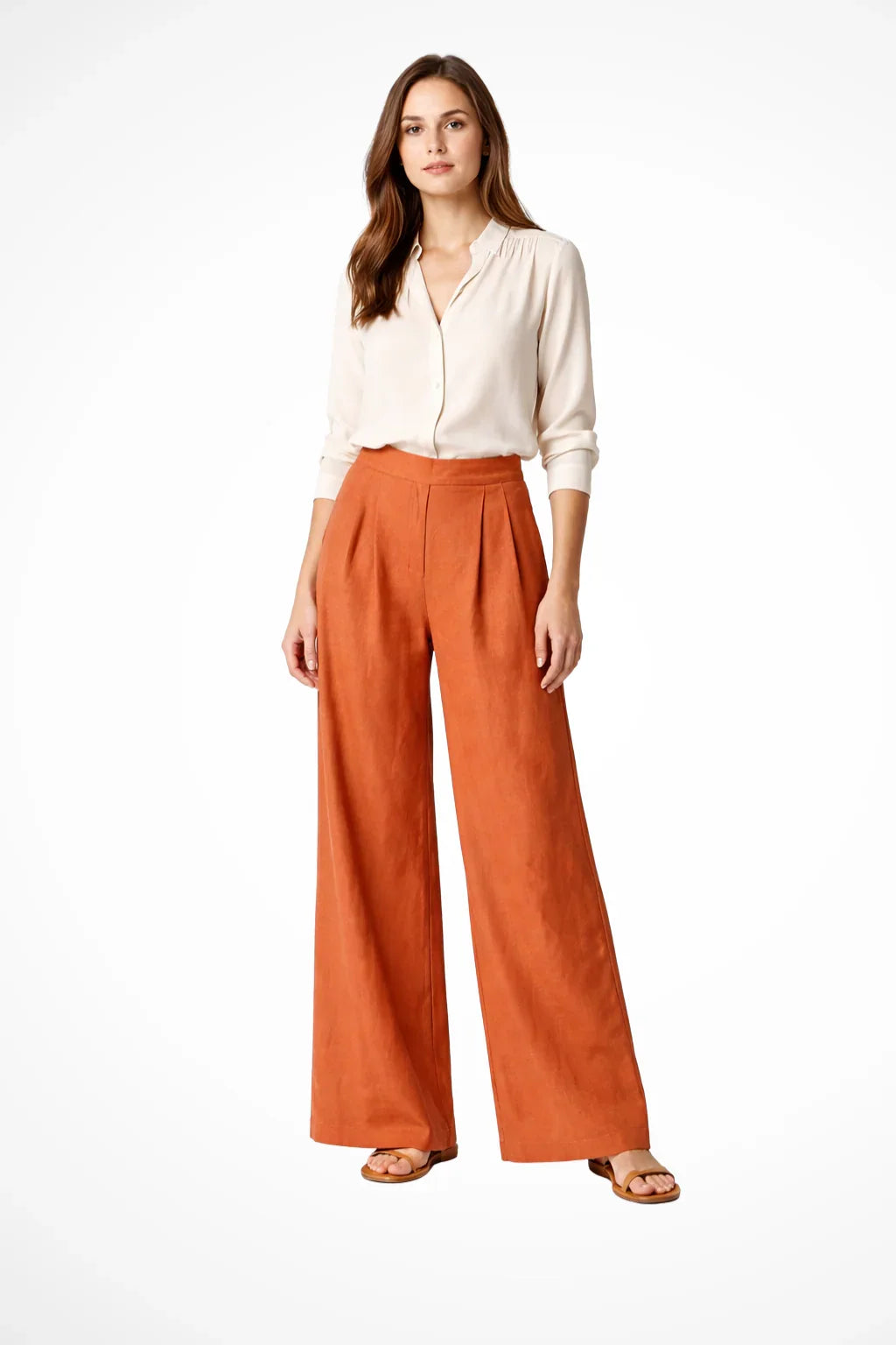 Wide Leg Trousers for Women – High Waisted Pleated Linen Pants with Side Pockets, Relaxed Fit Cropped Office Pants