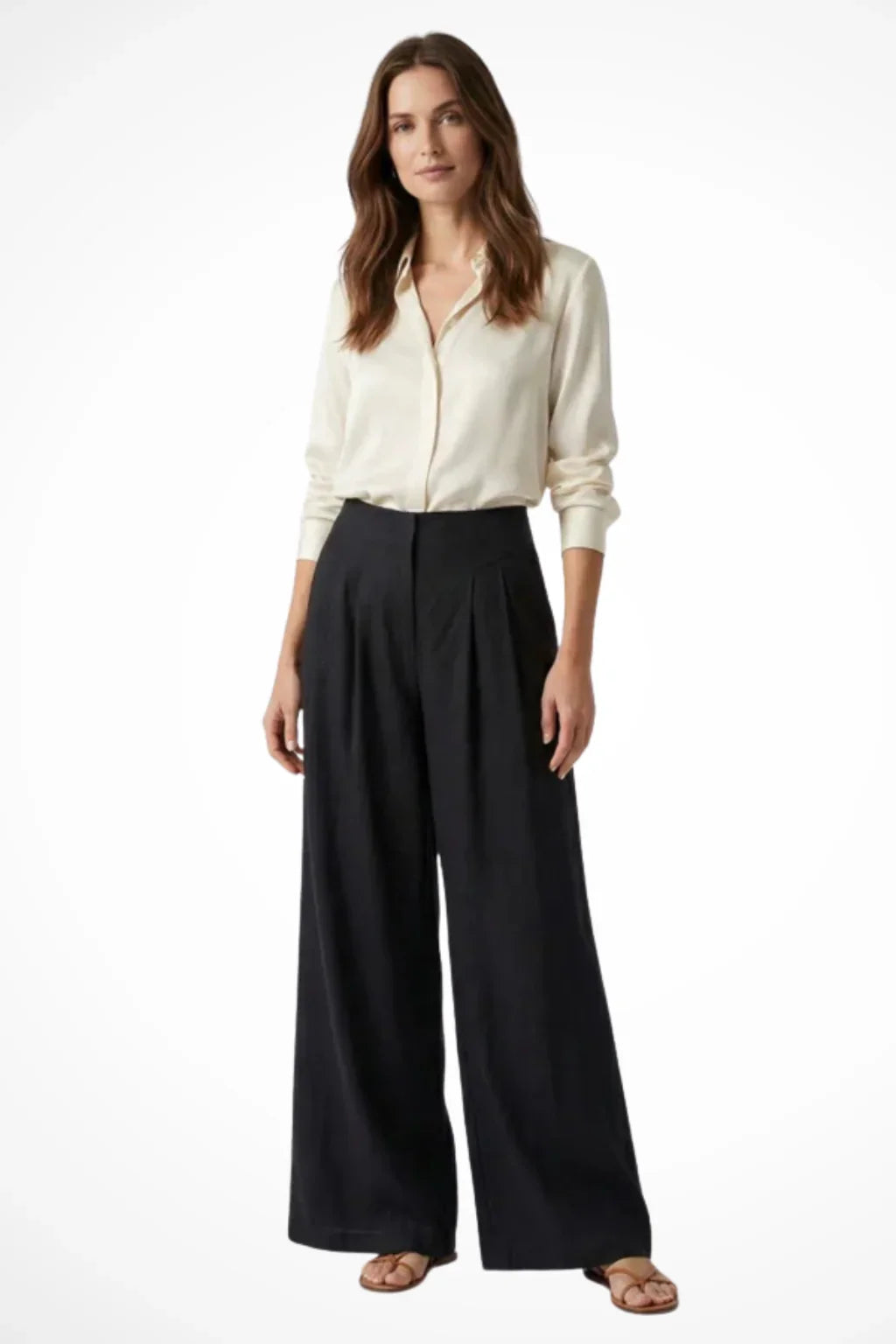 Wide Leg Trousers for Women – High Waisted Pleated Linen Pants with Side Pockets, Relaxed Fit Cropped Office Pants
