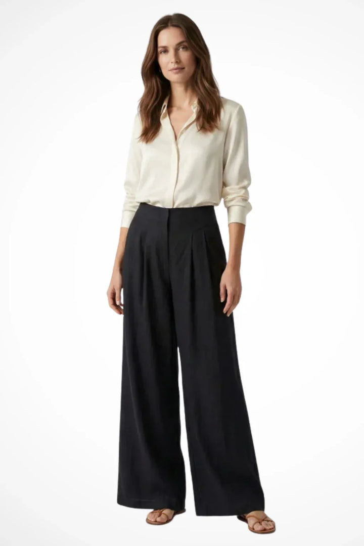 Wide Leg Trousers for Women – High Waisted Pleated Linen Pants with Side Pockets, Relaxed Fit Cropped Office Pants