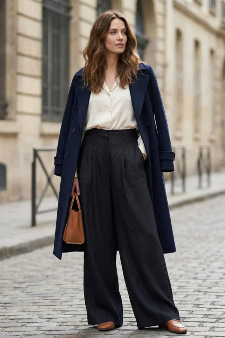Wide Leg Trousers for Women – High Waisted Pleated Linen Pants with Side Pockets, Relaxed Fit Cropped Office Pants