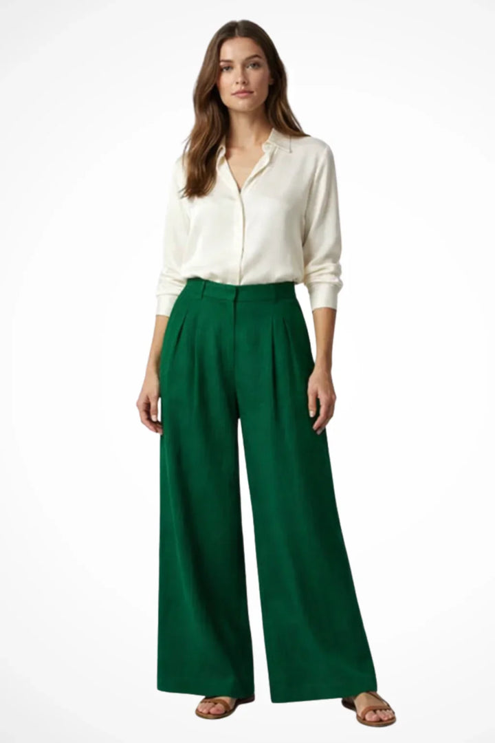 Wide Leg Trousers for Women – High Waisted Pleated Linen Pants with Side Pockets, Relaxed Fit Cropped Office Pants