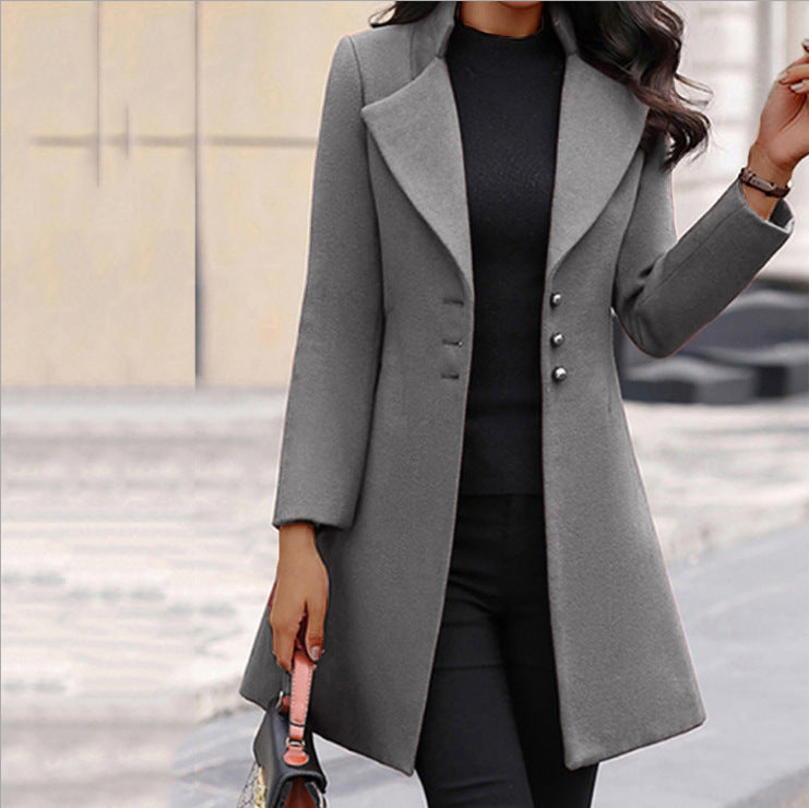 Elegant Wool Coat for Women with Notched Lapel Long Sleeve Button Front Tailored Style