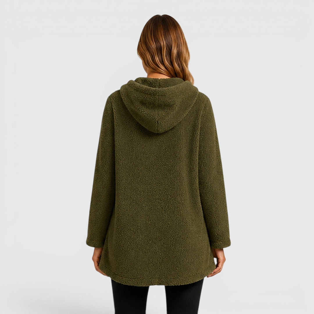 Comfortable Olive Green Sherpa Fleece Hoodie for Women with Drawstring Hood Long Sleeve Kangaroo Pocket Tunic Style