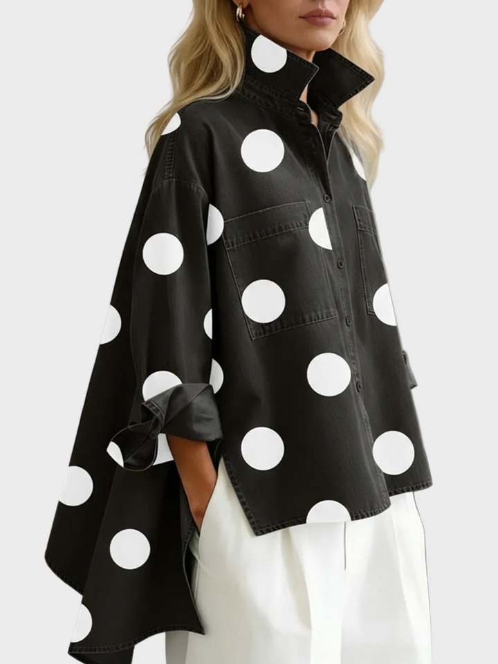 Pollie | Elegant Artistic Polka Dot Print Stand-collar Denim Top