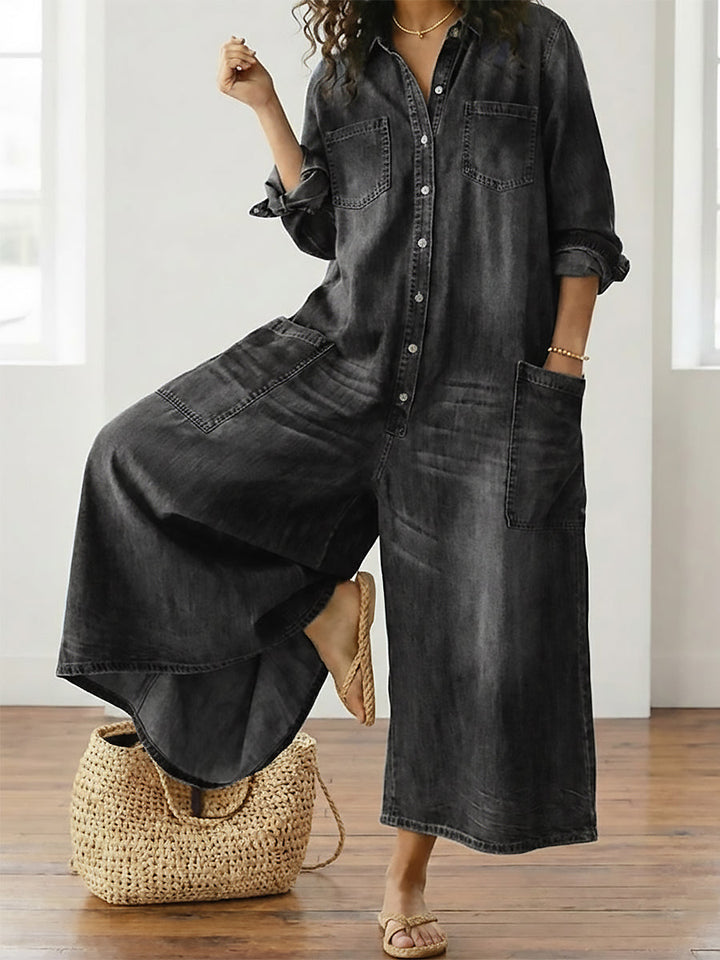 Combinaison en jean pour femme en coton avec boutons sur le devant, style vintage délavé
