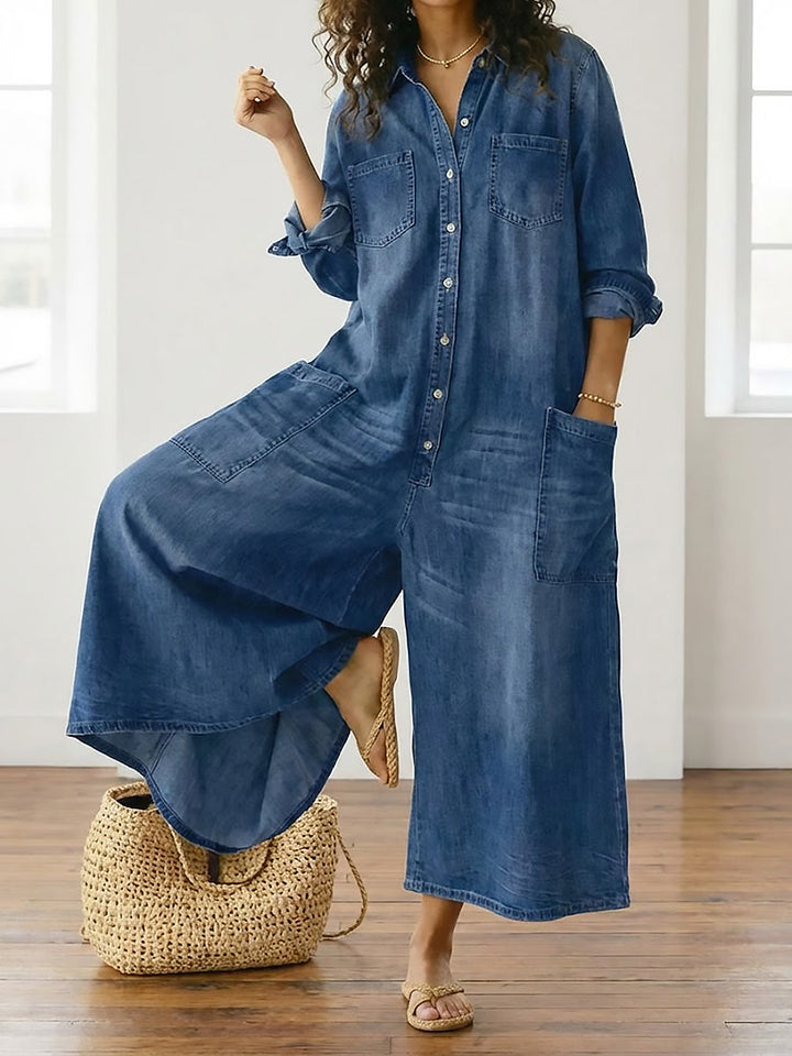 Combinaison en jean pour femme en coton avec boutons sur le devant, style vintage délavé