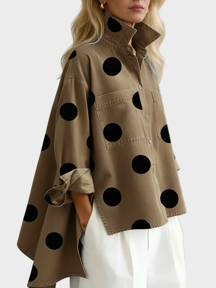 Pollie | Elegant Artistic Polka Dot Print Stand-collar Denim Top