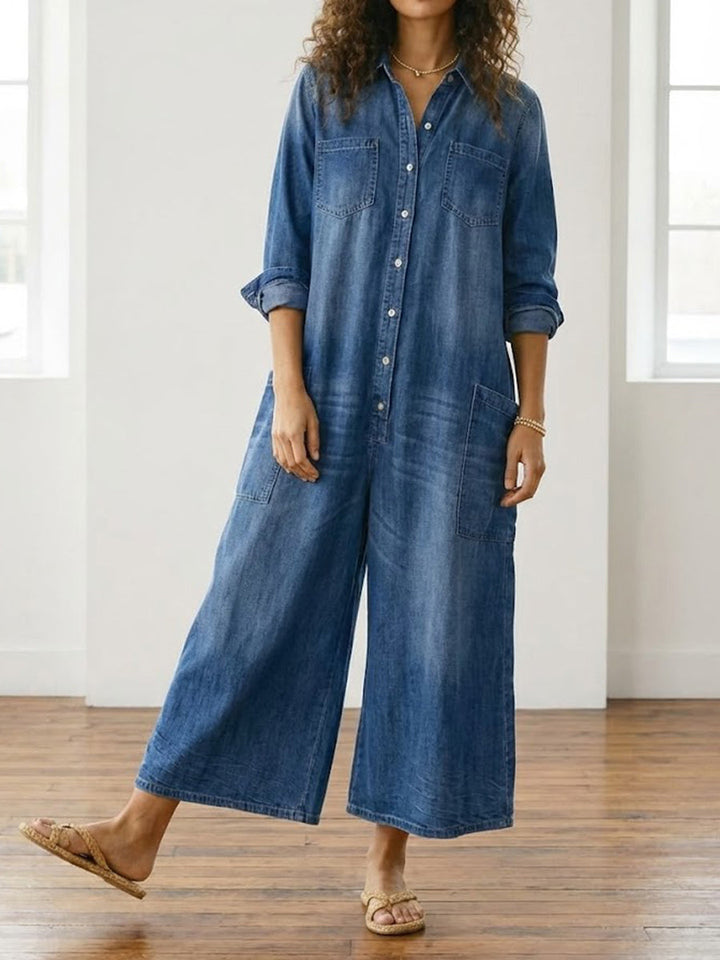 Combinaison en jean pour femme en coton avec boutons sur le devant, style vintage délavé