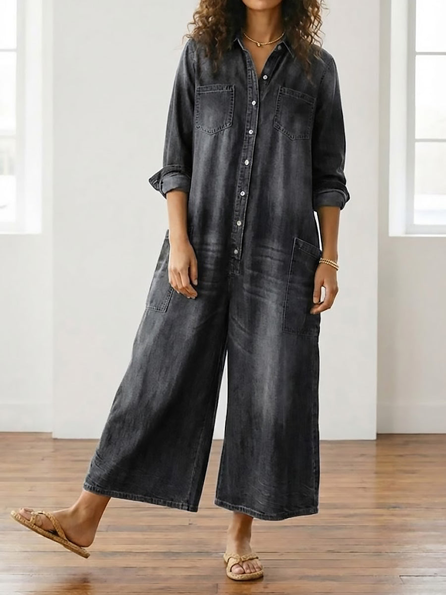 Combinaison en jean pour femme en coton avec boutons sur le devant, style vintage délavé