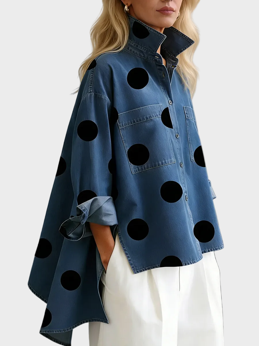 Pollie | Elegant Artistic Polka Dot Print Stand-collar Denim Top