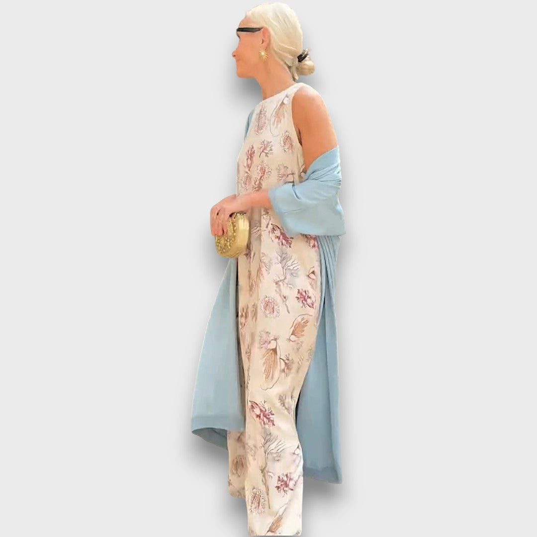 Abito lungo con fantasia floreale e cardigan leggero