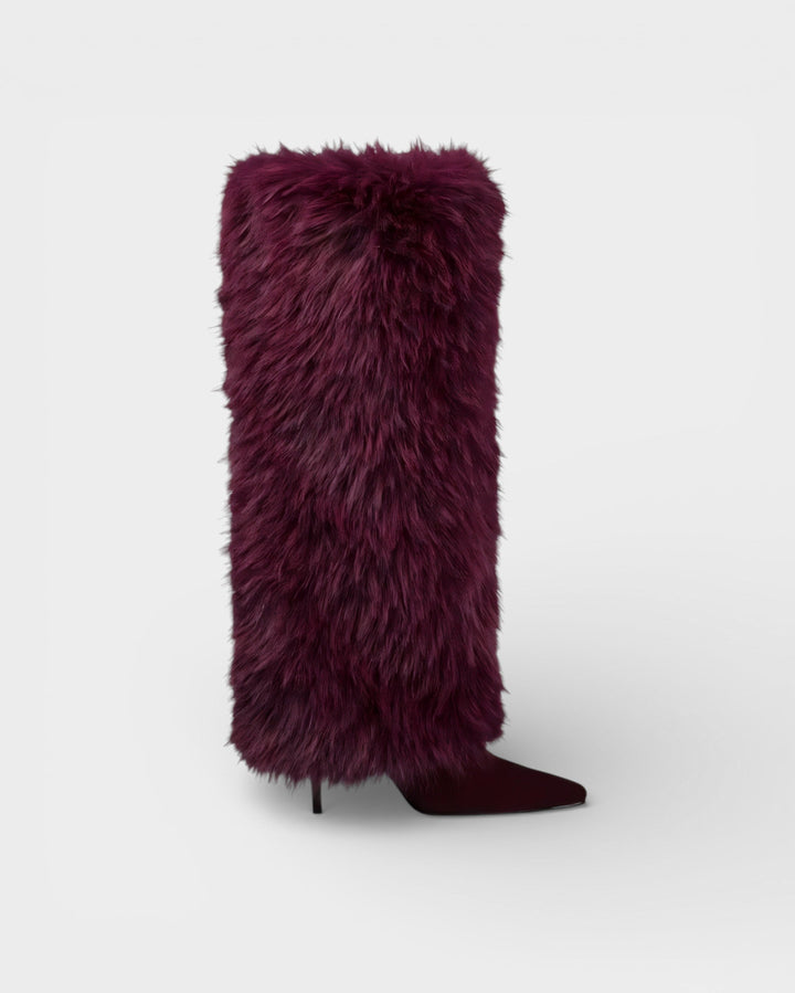 Elegant Faux Fur Knee High Boots for Women with Pointed Toe Stiletto Heel Shaggy Statement Style