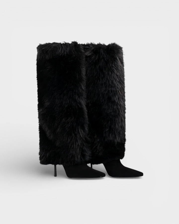 Elegant Faux Fur Knee High Boots for Women with Pointed Toe Stiletto Heel Shaggy Statement Style
