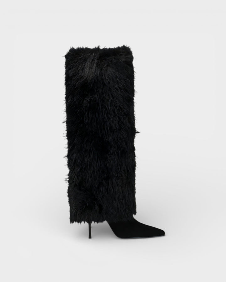 Elegant Faux Fur Knee High Boots for Women with Pointed Toe Stiletto Heel Shaggy Statement Style