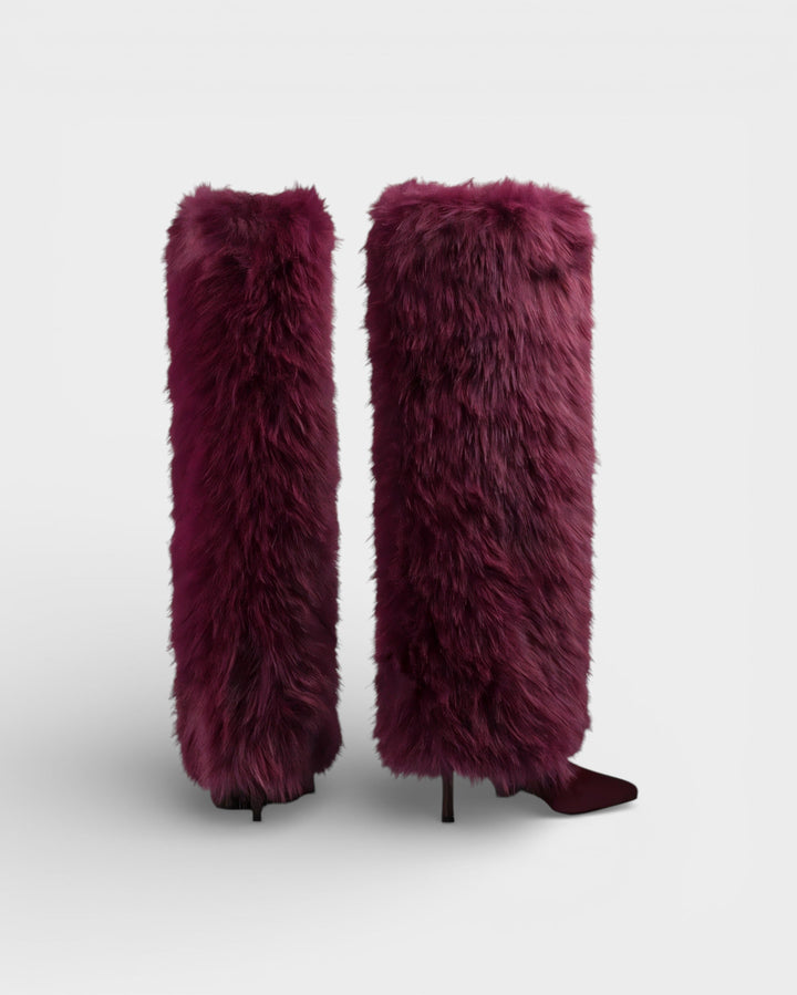 Elegant Faux Fur Knee High Boots for Women with Pointed Toe Stiletto Heel Shaggy Statement Style