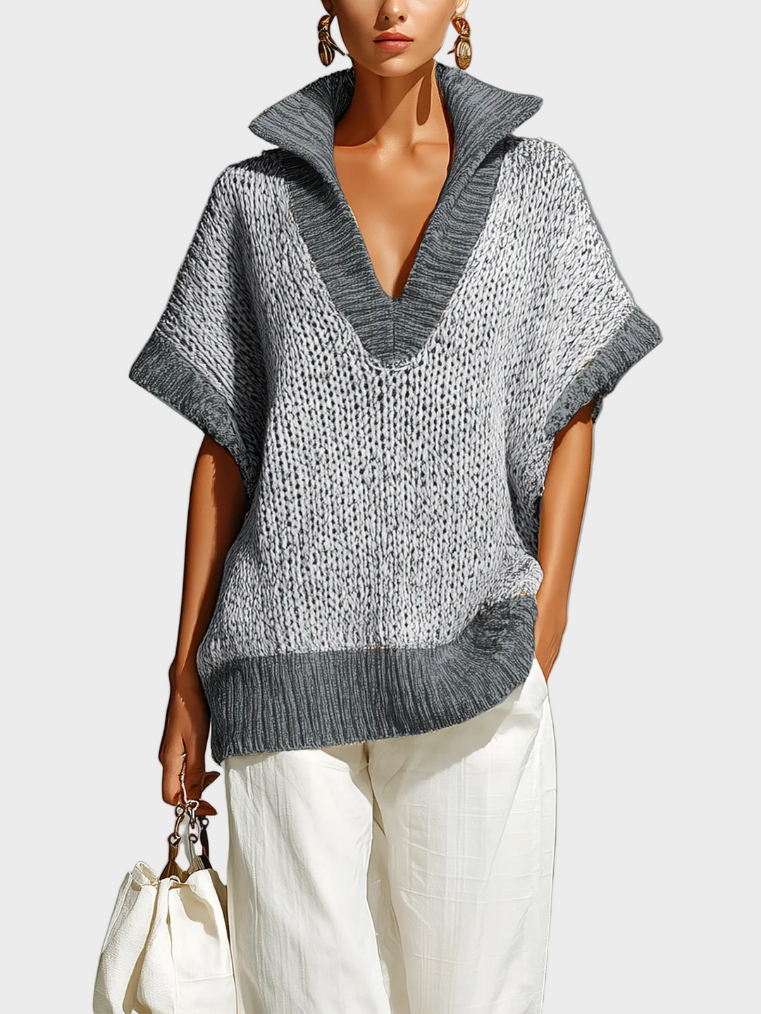 Fiona | Gilet in maglia senza maniche, modello casual colorblock beige con colletto alla coreana