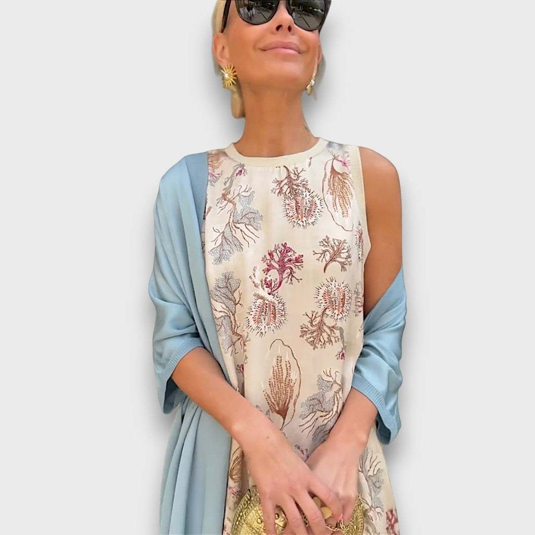 Abito lungo con fantasia floreale e cardigan leggero