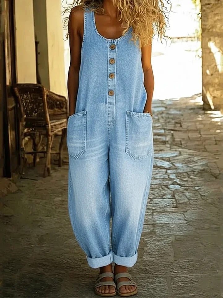 Denim Overalls for Women - Vintage Washed Cotton Relaxed Fit