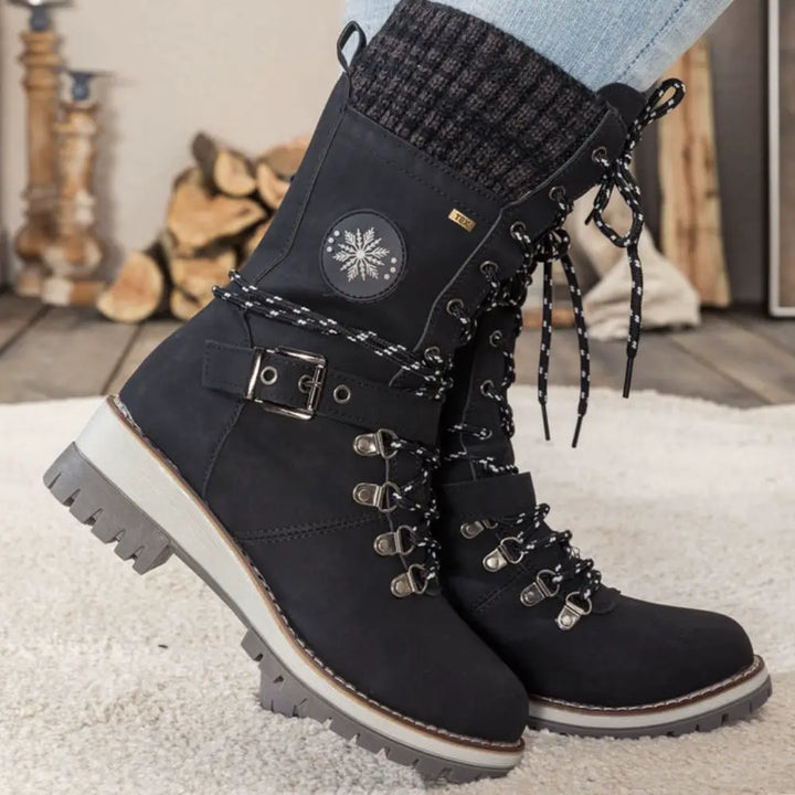 Snow Boots for Women – Waterproof Lace Up Winter Boots with Buckle, Warm Lined Mid Calf Boots for Cold Weather