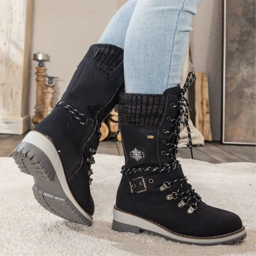 Snow Boots for Women – Waterproof Lace Up Winter Boots with Buckle, Warm Lined Mid Calf Boots for Cold Weather