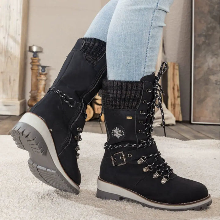 Snow Boots for Women – Waterproof Lace Up Winter Boots with Buckle, Warm Lined Mid Calf Boots for Cold Weather