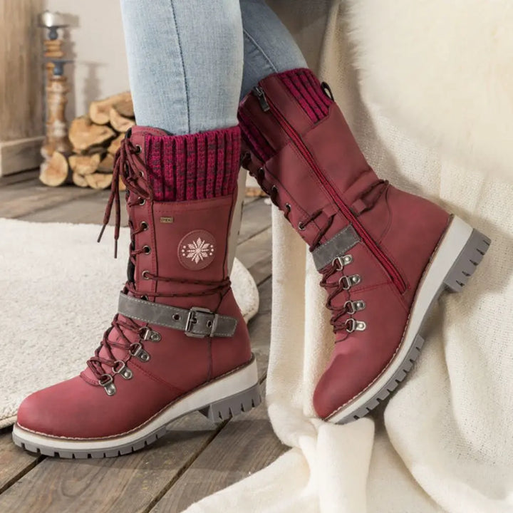 Snow Boots for Women – Waterproof Lace Up Winter Boots with Buckle, Warm Lined Mid Calf Boots for Cold Weather