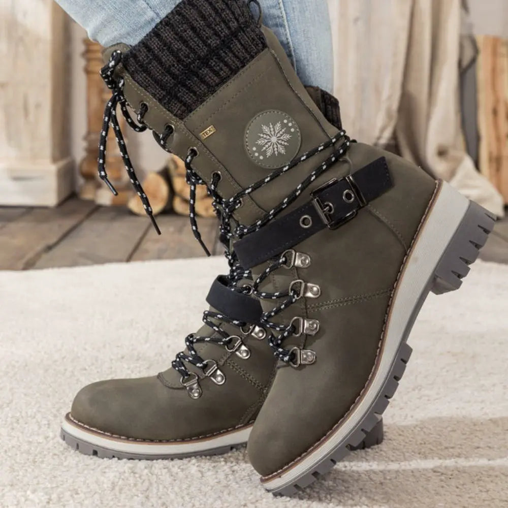 Snow Boots for Women – Waterproof Lace Up Winter Boots with Buckle, Warm Lined Mid Calf Boots for Cold Weather