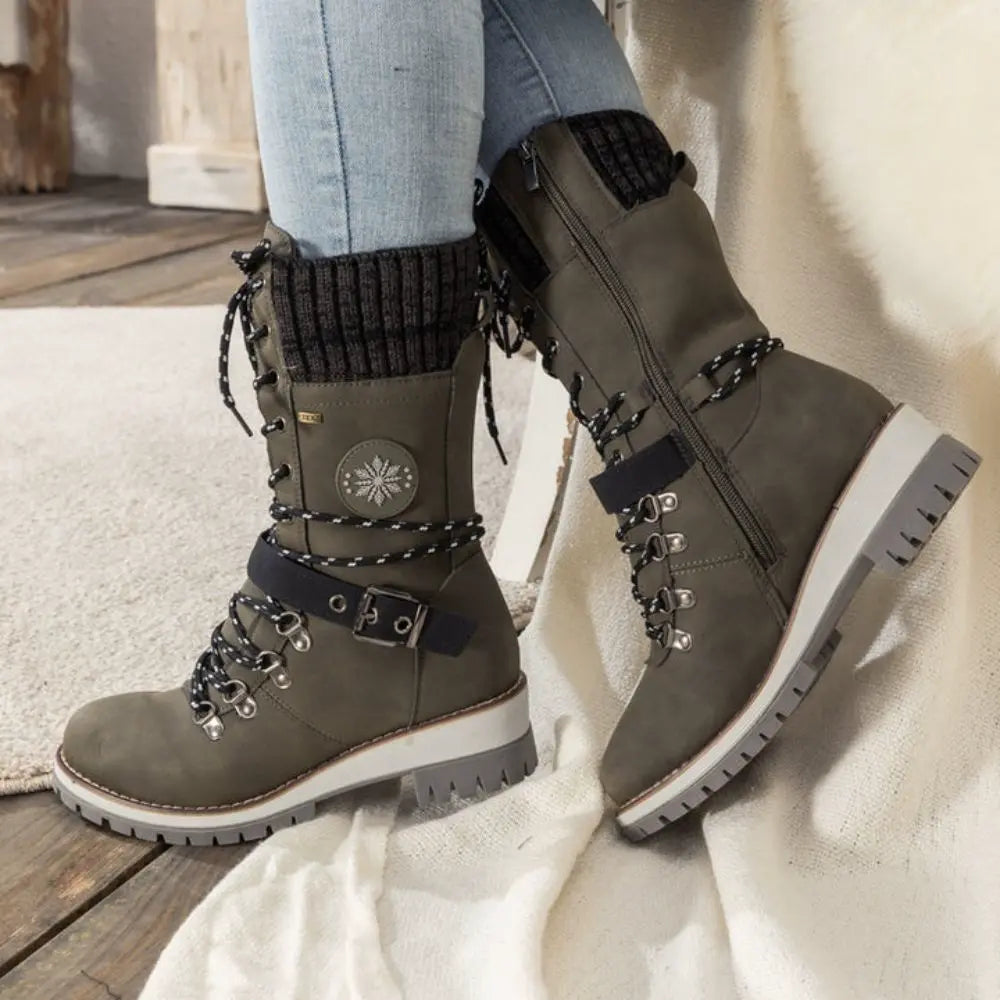 Snow Boots for Women – Waterproof Lace Up Winter Boots with Buckle, Warm Lined Mid Calf Boots for Cold Weather