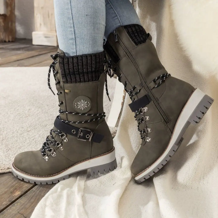 Snow Boots for Women – Waterproof Lace Up Winter Boots with Buckle, Warm Lined Mid Calf Boots for Cold Weather
