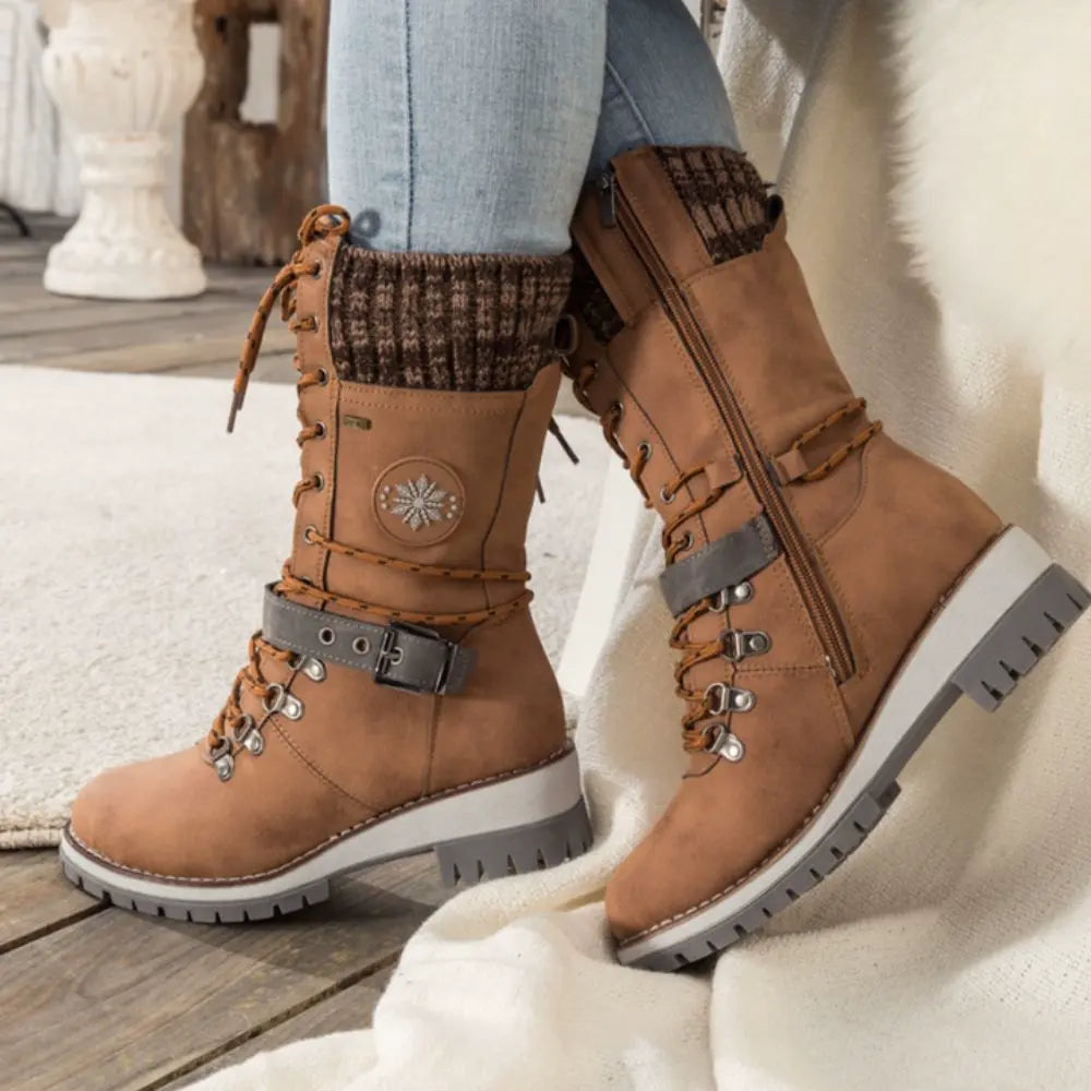 Snow Boots for Women – Waterproof Lace Up Winter Boots with Buckle, Warm Lined Mid Calf Boots for Cold Weather