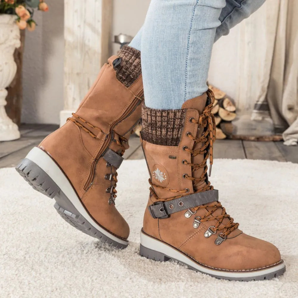 Snow Boots for Women – Waterproof Lace Up Winter Boots with Buckle, Warm Lined Mid Calf Boots for Cold Weather