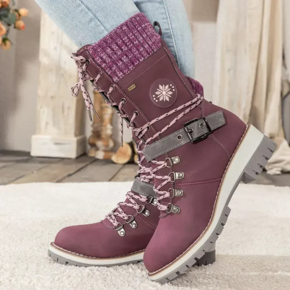 Snow Boots for Women – Waterproof Lace Up Winter Boots with Buckle, Warm Lined Mid Calf Boots for Cold Weather