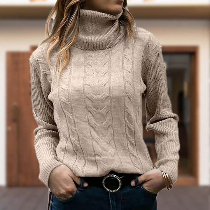 Comfortable Cable Knit Sweatshirt for Women with Turtleneck Long Sleeve Ribbed Fitted Style