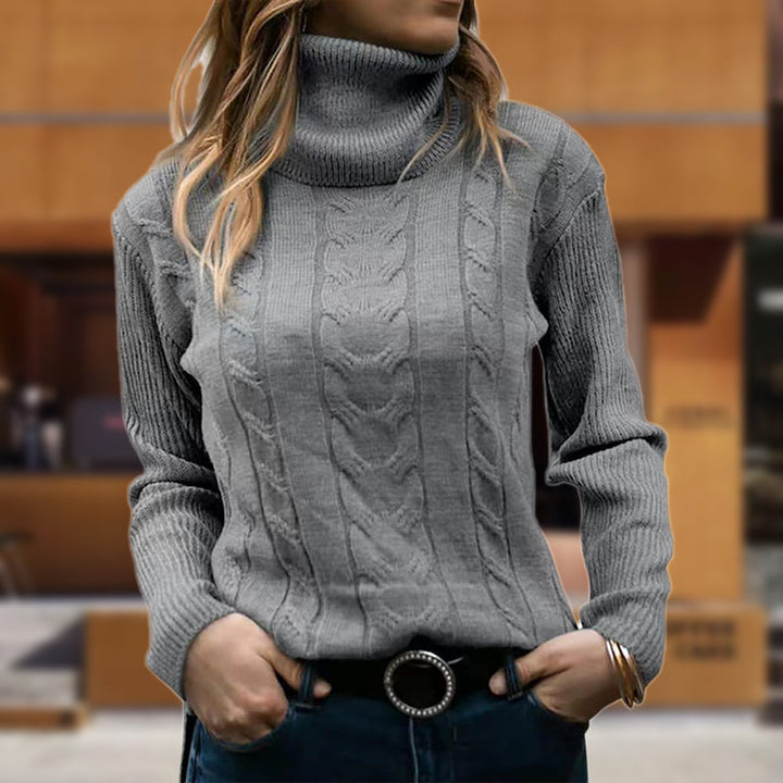 Comfortable Cable Knit Sweatshirt for Women with Turtleneck Long Sleeve Ribbed Fitted Style