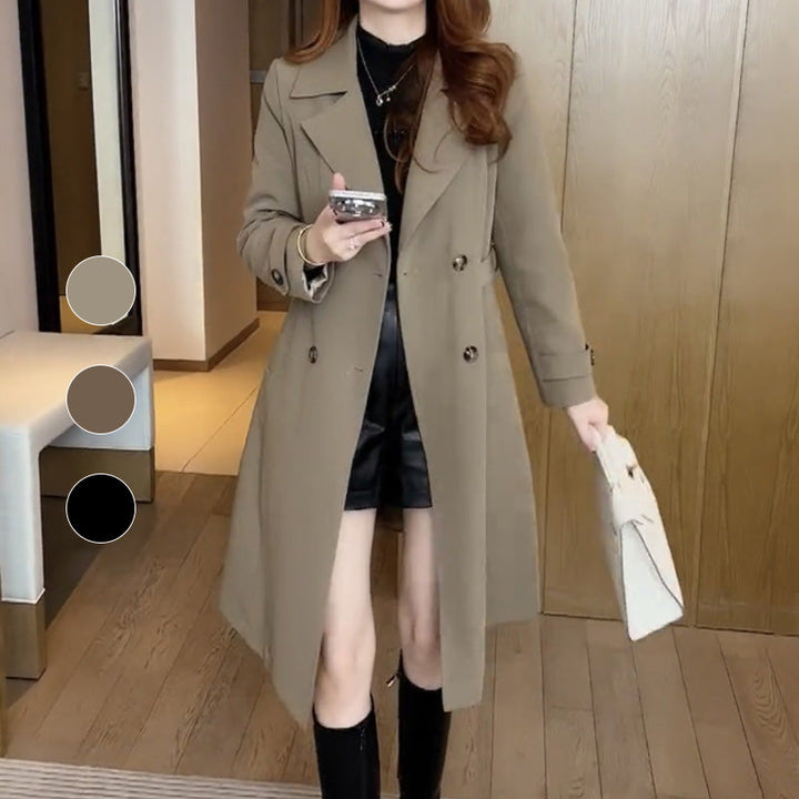 Elegant Trench Coat for Women with Lapel Collar Belted Waist Longline Style