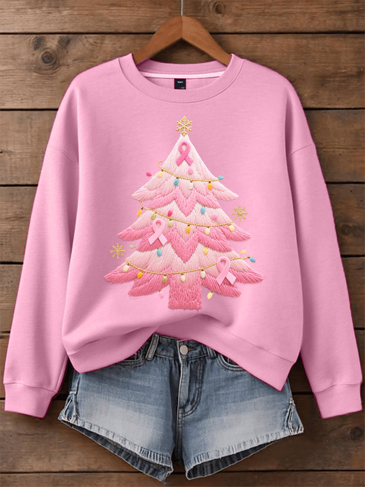 Comoda felpa da donna con albero di Natale ricamato, girocollo, maniche lunghe, stile morbido e oversize