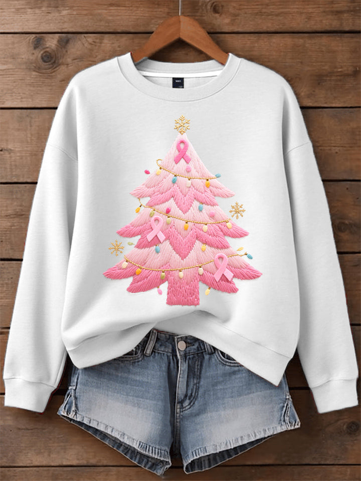 Comoda felpa da donna con albero di Natale ricamato, girocollo, maniche lunghe, stile morbido e oversize
