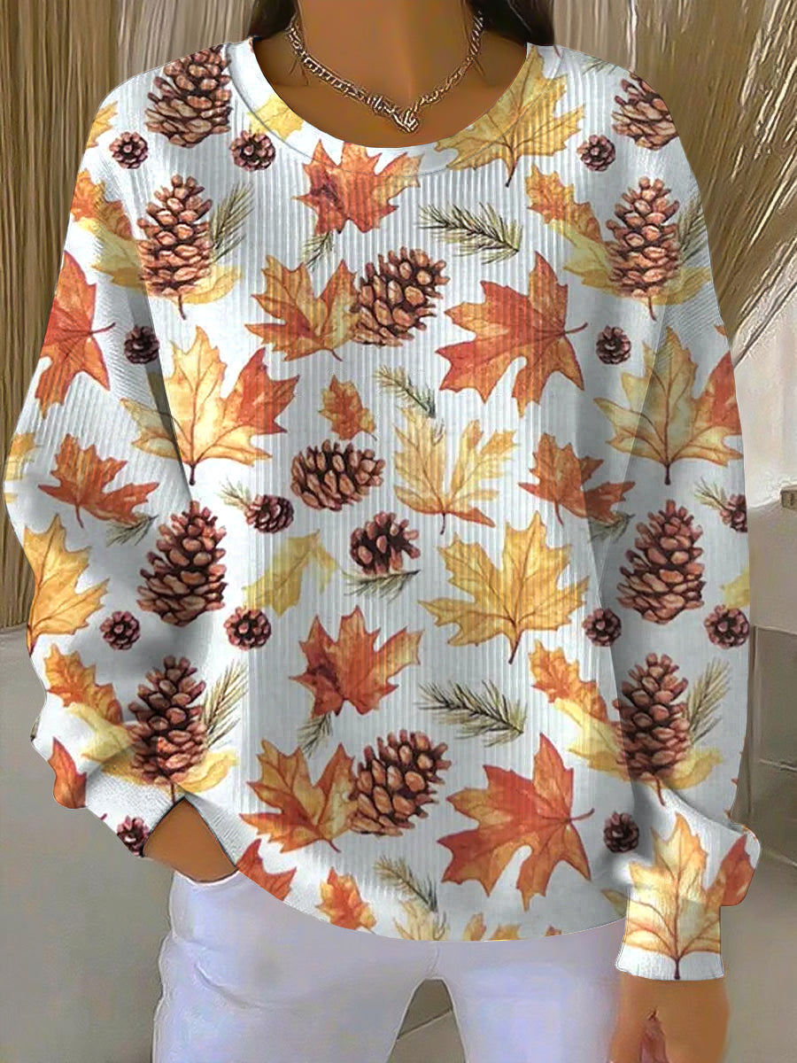 Comoda felpa da donna con stampa foglie autunnali, girocollo, maniche lunghe, motivo pigne, stile pullover autunnale