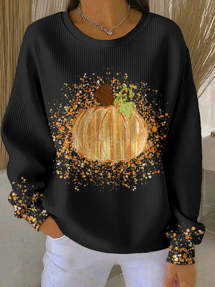 Felpa grafica da donna con zucca, comoda, girocollo, maniche lunghe, stampa leopardata autunnale, stile pullover