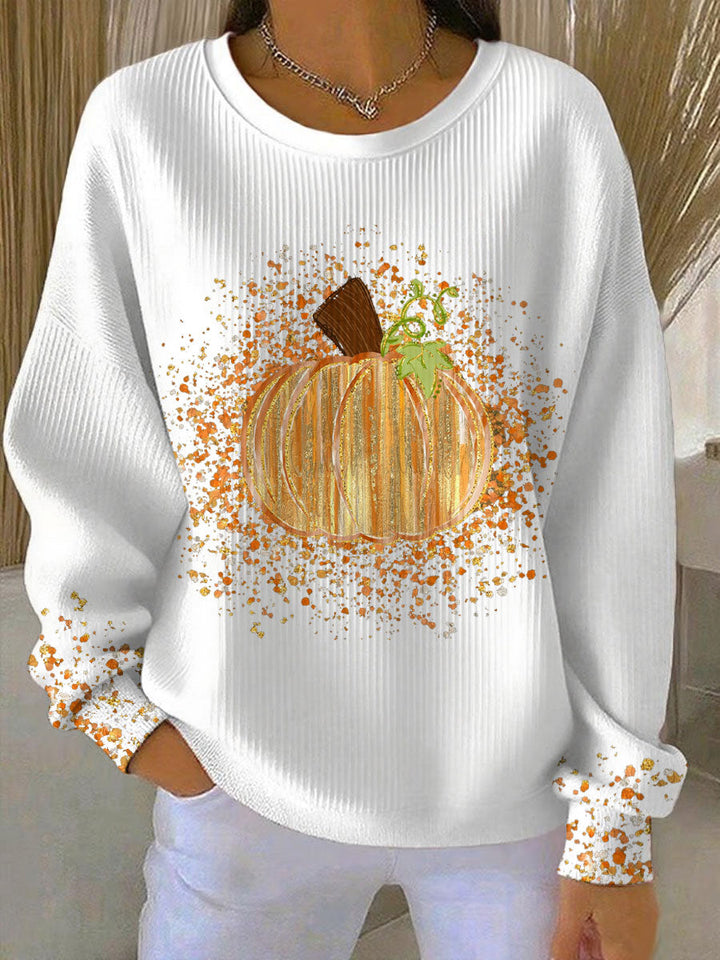Felpa grafica da donna con zucca, comoda, girocollo, maniche lunghe, stampa leopardata autunnale, stile pullover