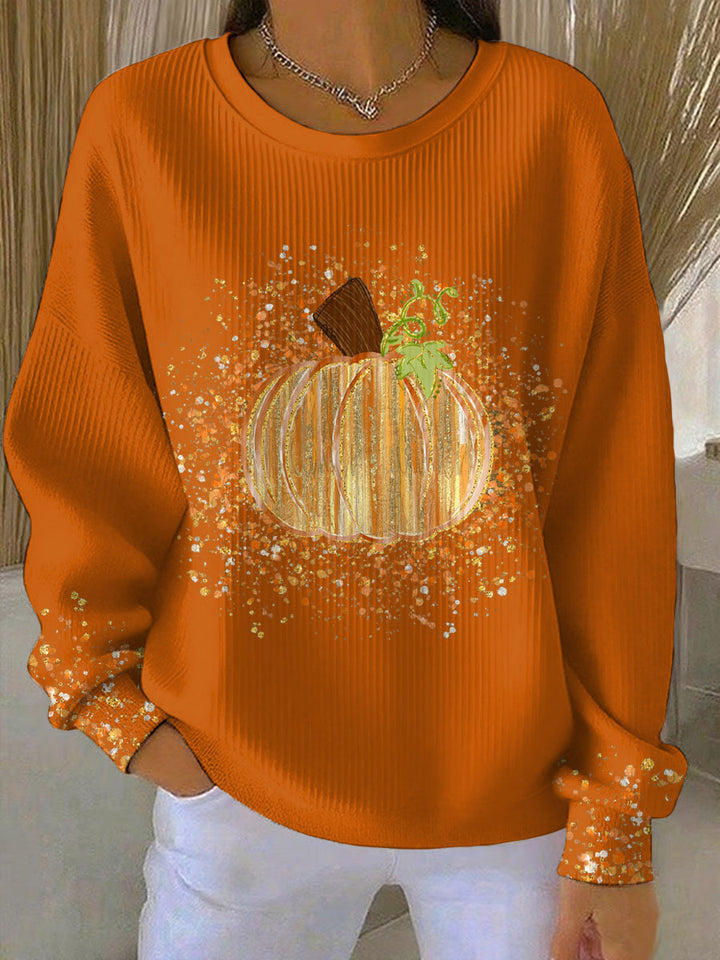 Felpa grafica da donna con zucca, comoda, girocollo, maniche lunghe, stampa leopardata autunnale, stile pullover