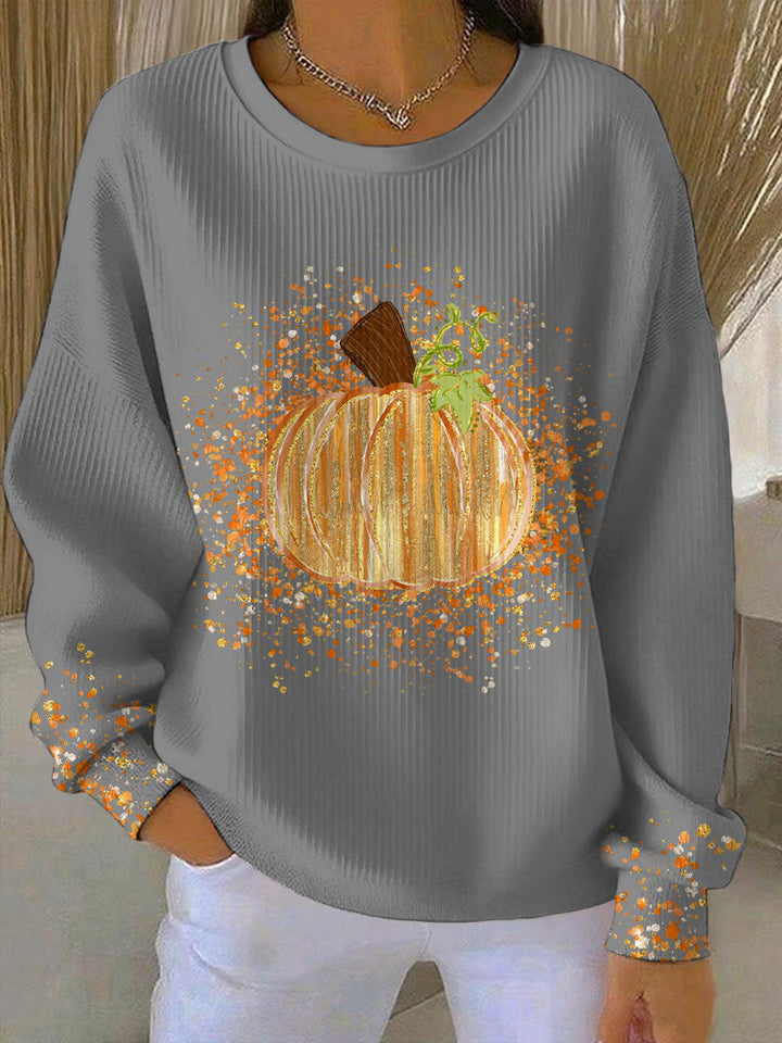 Felpa grafica da donna con zucca, comoda, girocollo, maniche lunghe, stampa leopardata autunnale, stile pullover