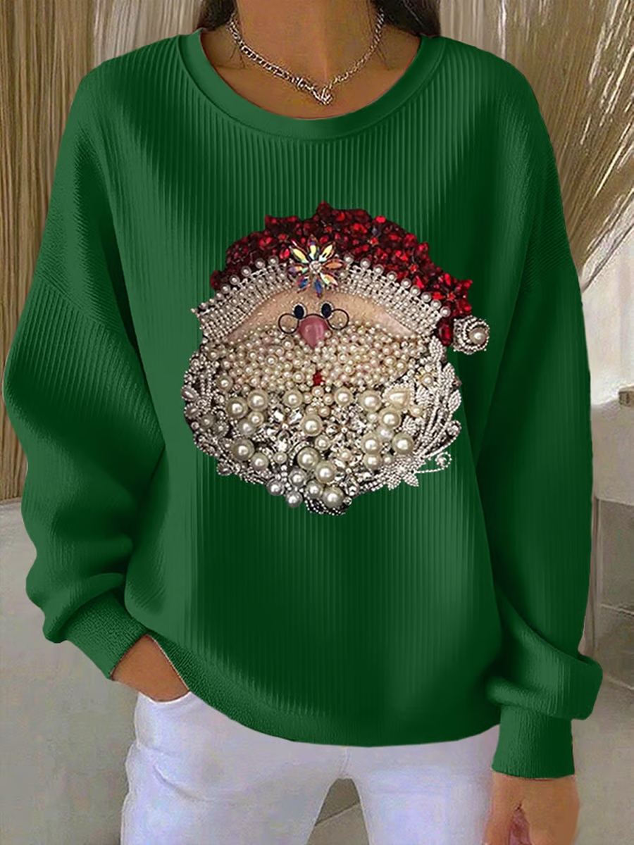 Comfortable Santa Print Ribbed Sweatshirt for Women with Crew Neck Long Sleeve Relaxed Christmas Style