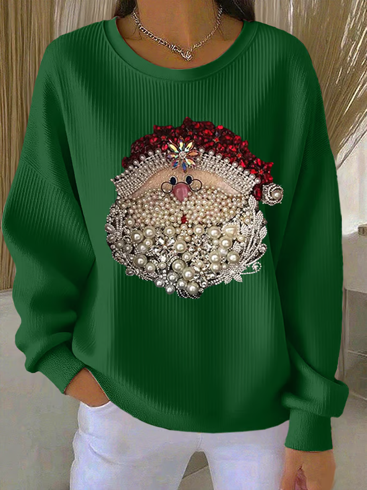 Comfortable Santa Print Ribbed Sweatshirt for Women with Crew Neck Long Sleeve Relaxed Christmas Style