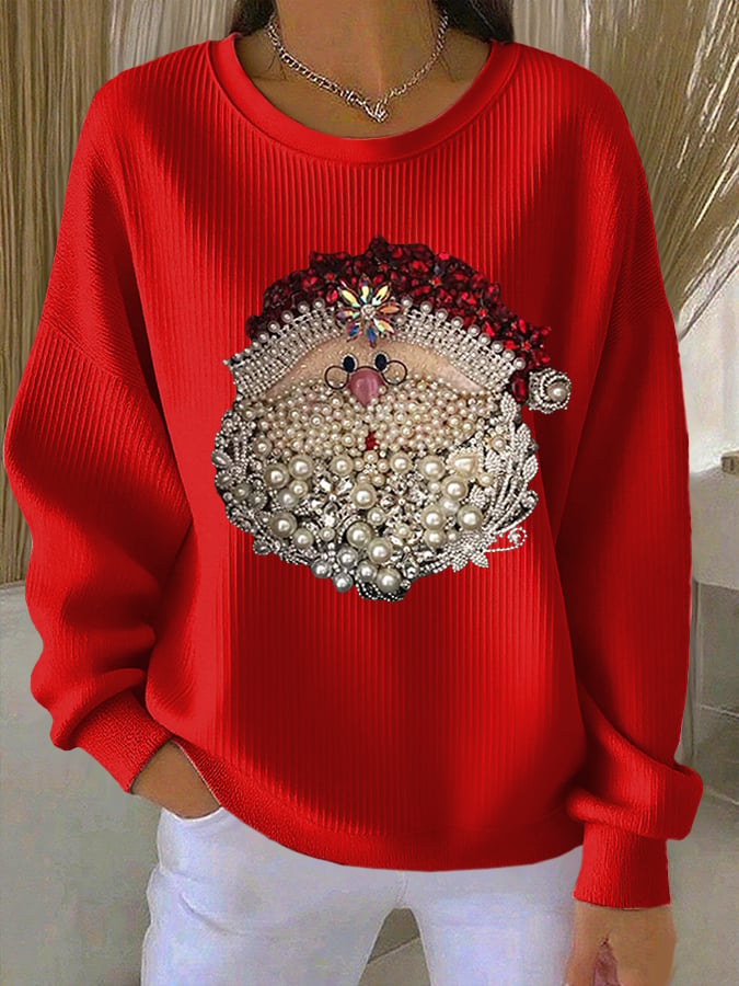 Comfortable Santa Print Ribbed Sweatshirt for Women with Crew Neck Long Sleeve Relaxed Christmas Style