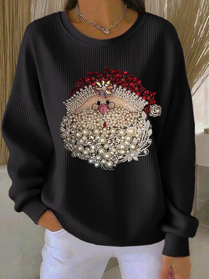 Comfortable Santa Print Ribbed Sweatshirt for Women with Crew Neck Long Sleeve Relaxed Christmas Style