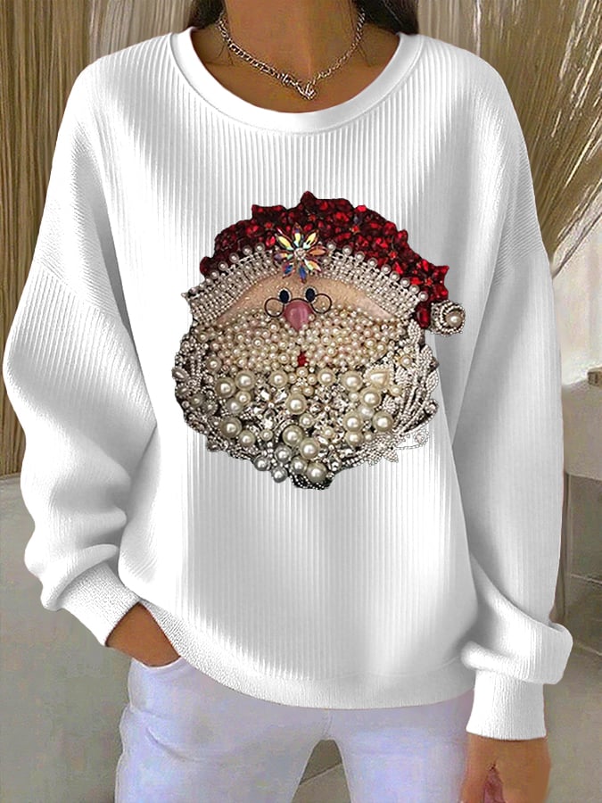 Comfortable Santa Print Ribbed Sweatshirt for Women with Crew Neck Long Sleeve Relaxed Christmas Style