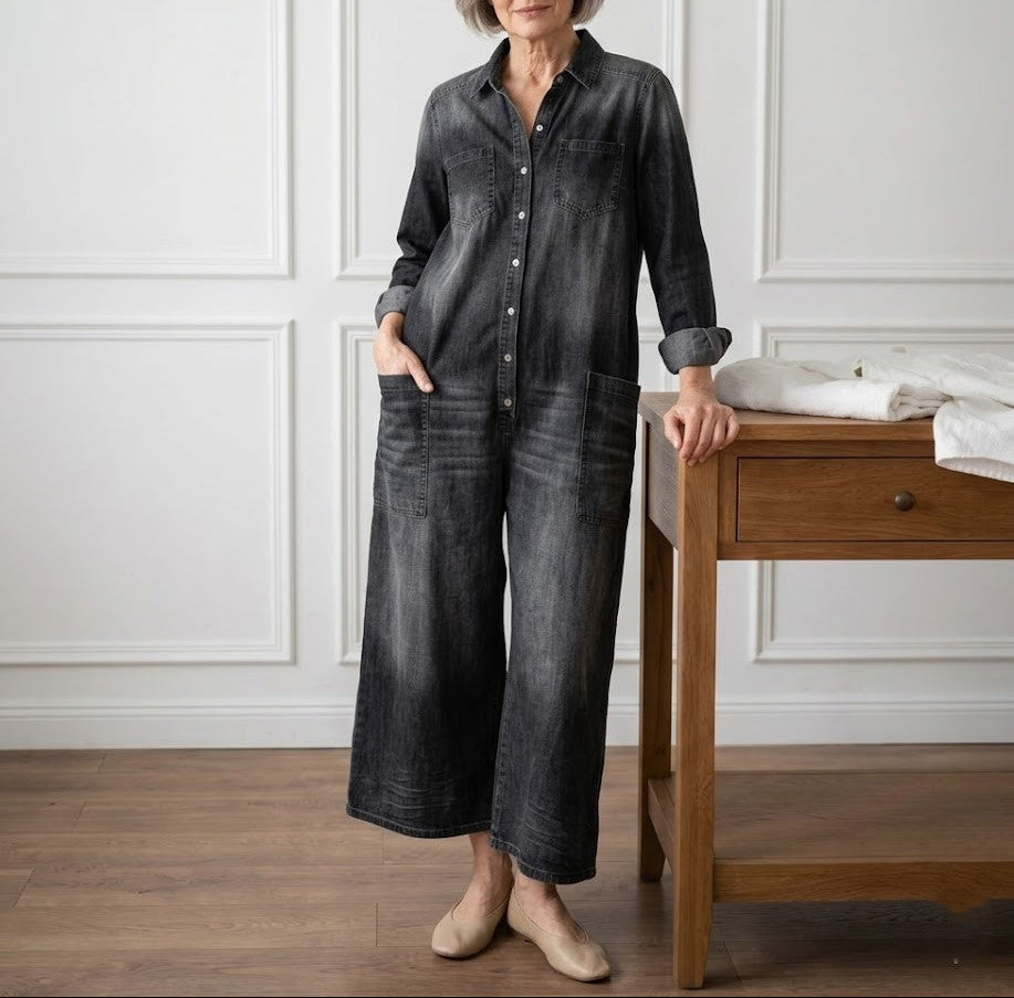 Combinaison en jean pour femme en coton avec boutons sur le devant, style vintage délavé
